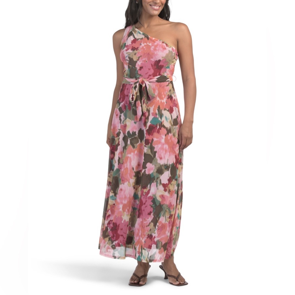Nicole Miller Women's One Shoulder Floral Midi Dress Size 8 Multicolor